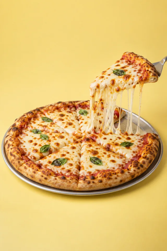 Studio pizza with a cheese pull on yellow